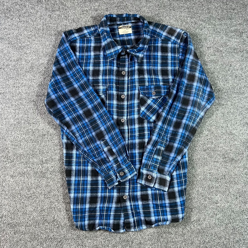 Open Trails Flannel Shirt Men Large Blue Black Plaid Cotton Button Front Outdoor